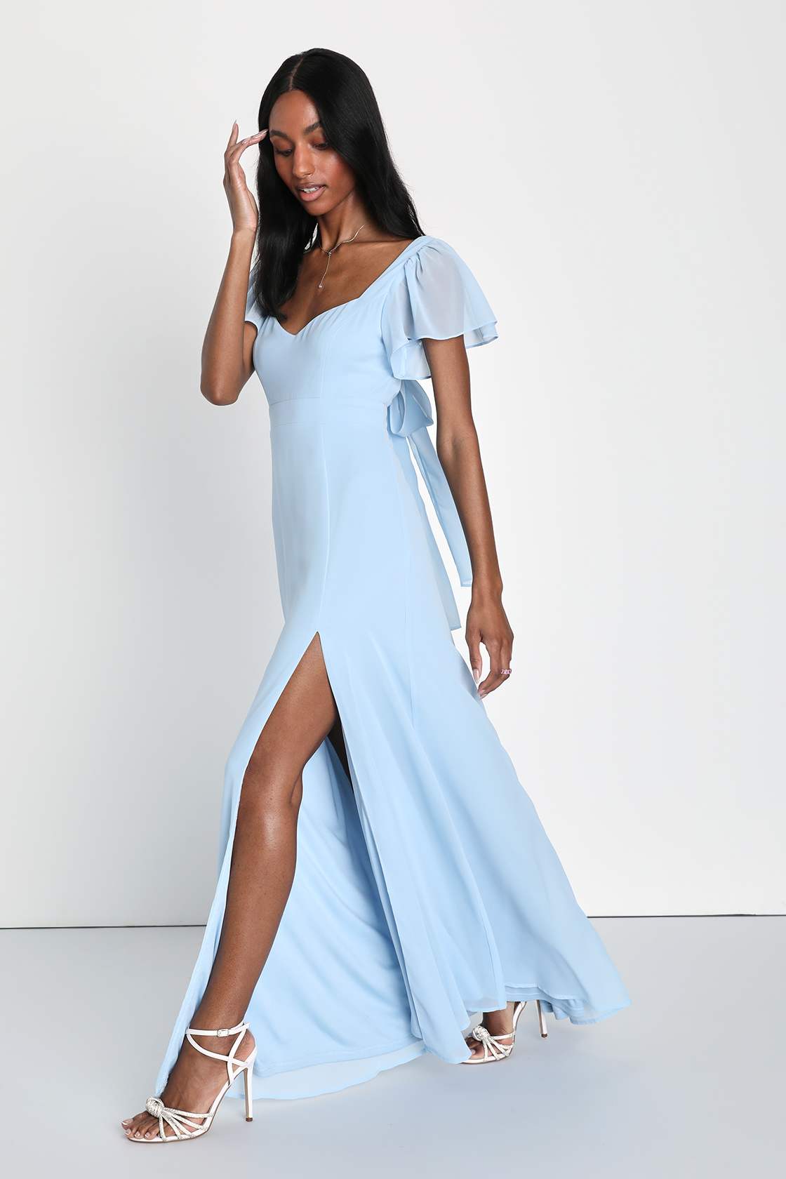 Simply Delightful Light Blue Tie-Back Flutter Sleeve Maxi Dress