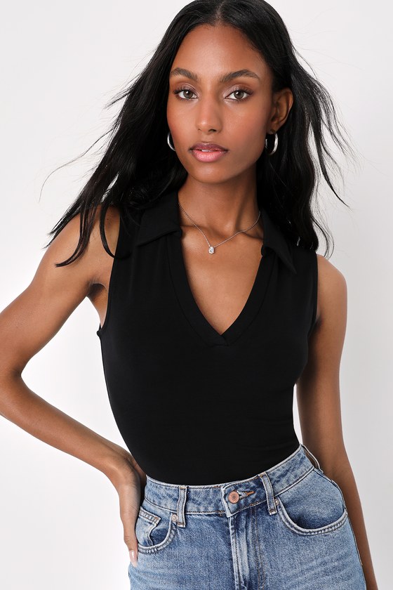 Black Collared Bodysuit - Sleeveless V-Neck Bodysuit - Bodysuit - Lulus
