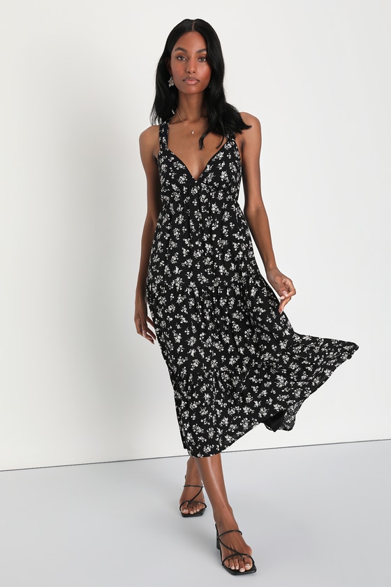 Black Floral Print Dress - Tiered Tie-Back Dress - Midi Dress - Lulus