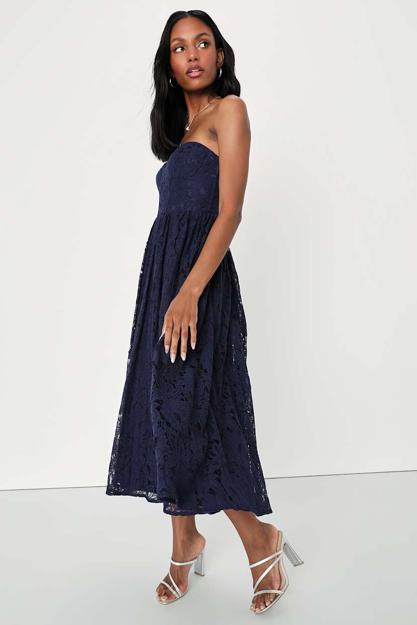 Navy Blue Lace Midi Dress - Blue Bustier Dress - Strapless Dress - Lulus
