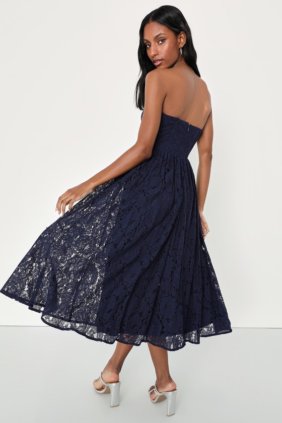 Lulus Exquisite Aura Navy Blue Lace Strapless Bustier Midi Dress