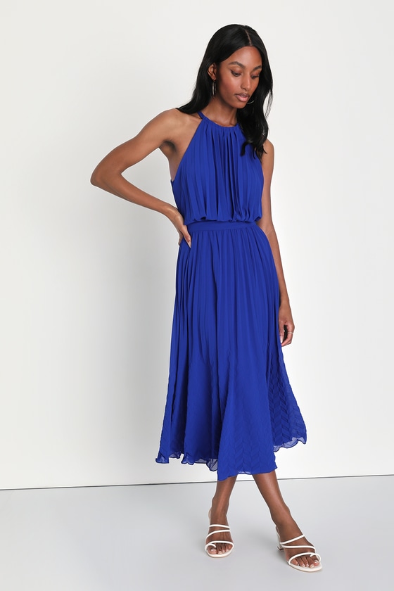 Blue Pleated Dress - Halter Midi Dress - Pleated Halter Dress - Lulus