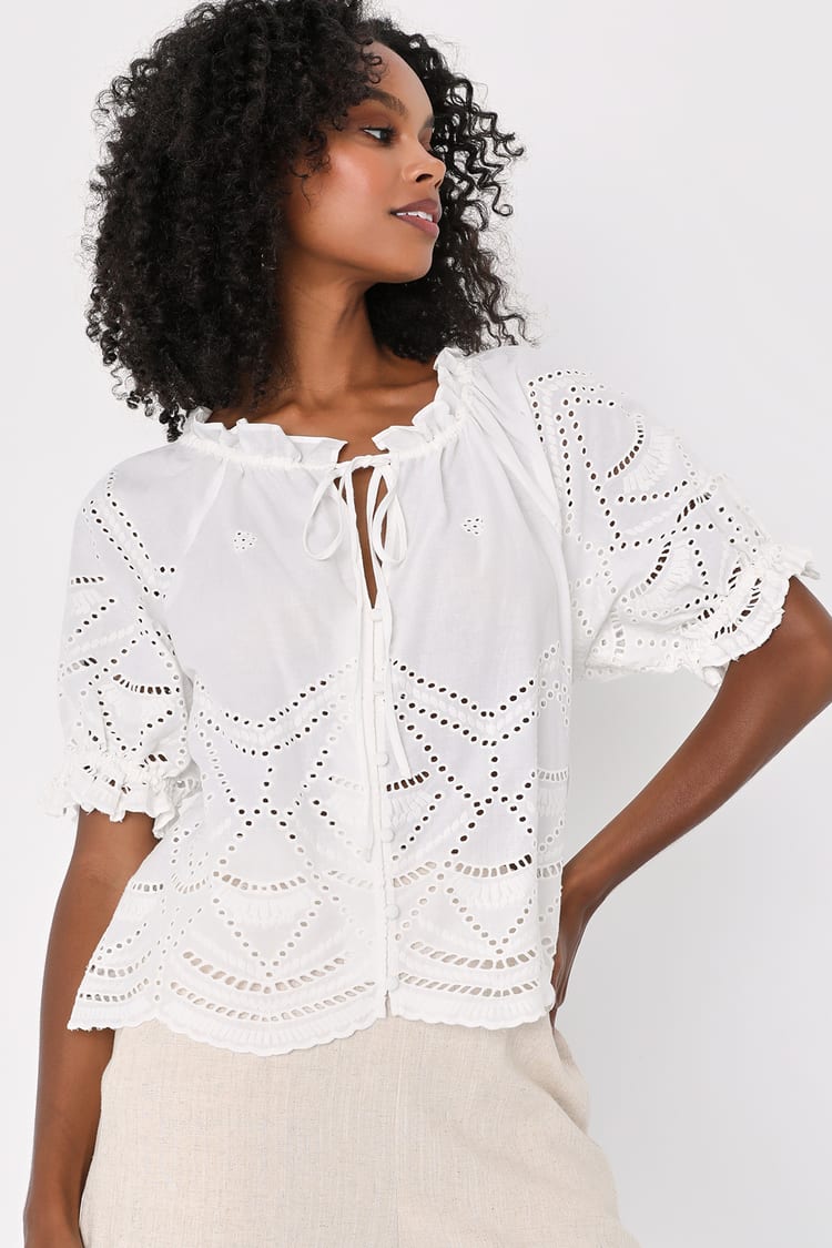 Beloved Bestie Ivory Eyelet Embroidered Button-Up Top