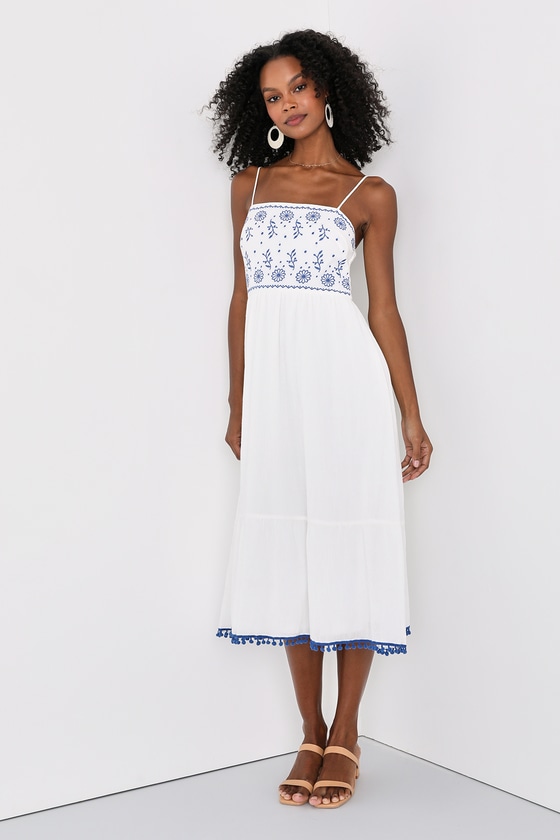 Lulus Mallorca Muse White And Blue Embroidered Midi Dress