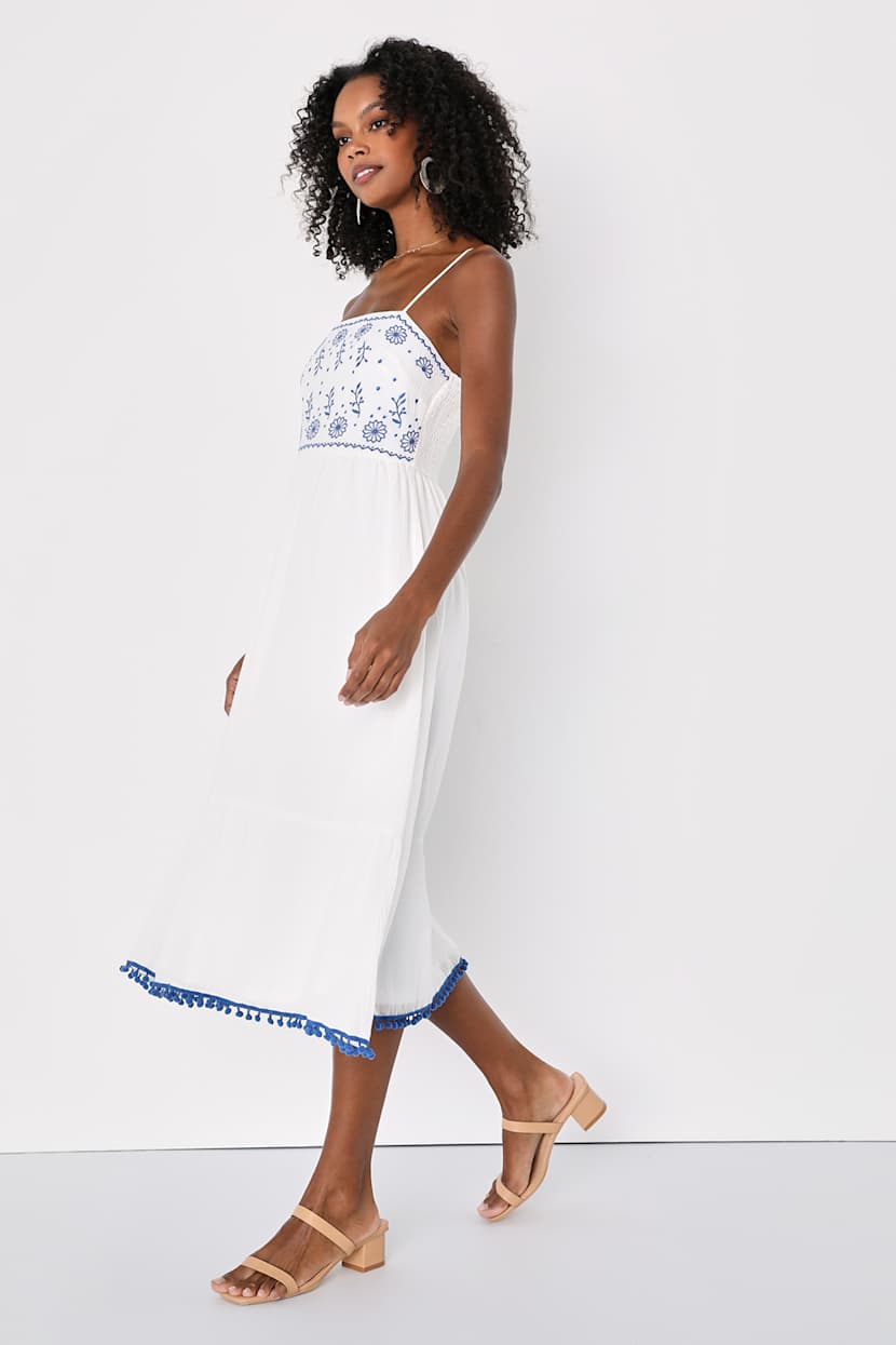 Mallorca Muse White and Blue Embroidered Midi Dress