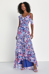 Radiant Blue Floral Print Chiffon Maxi Dress