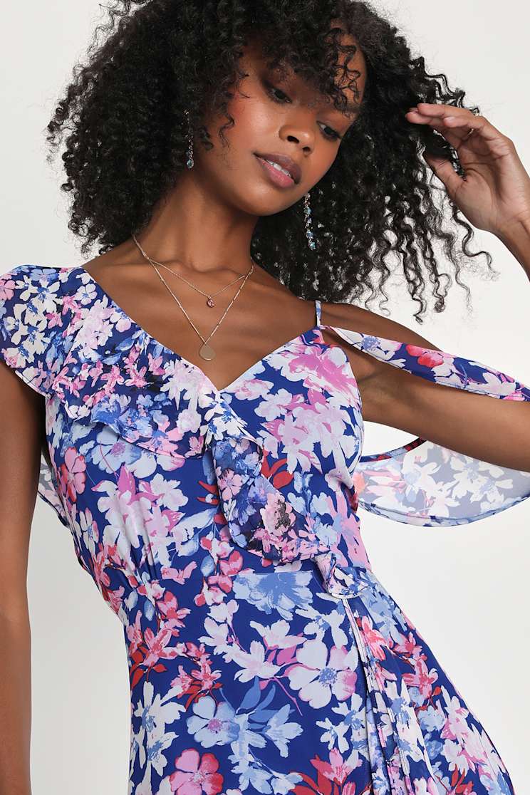 Radiant Blue Floral Print Chiffon Maxi Dress