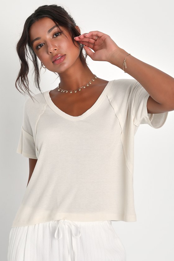 Lulus Daily Outing Cream Ribbed Short Sleeve Tee In Beige