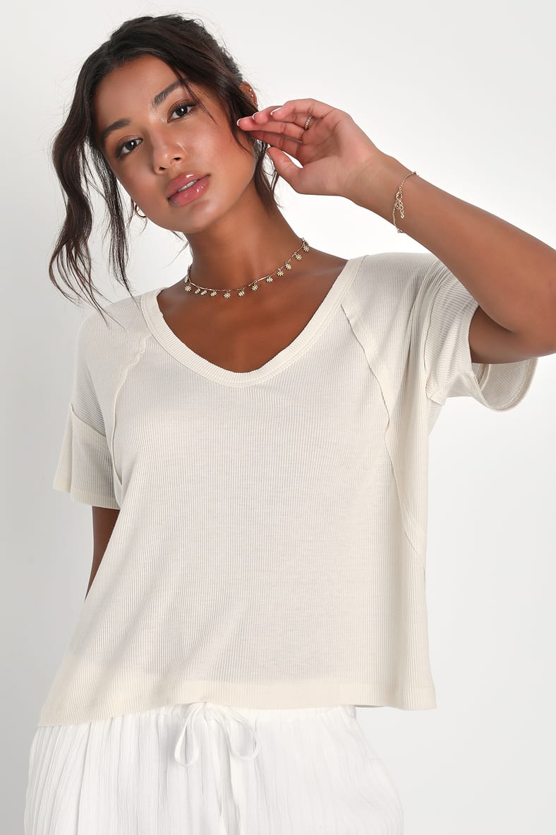Daily Outing Cream Ribbed Short Sleeve Tee