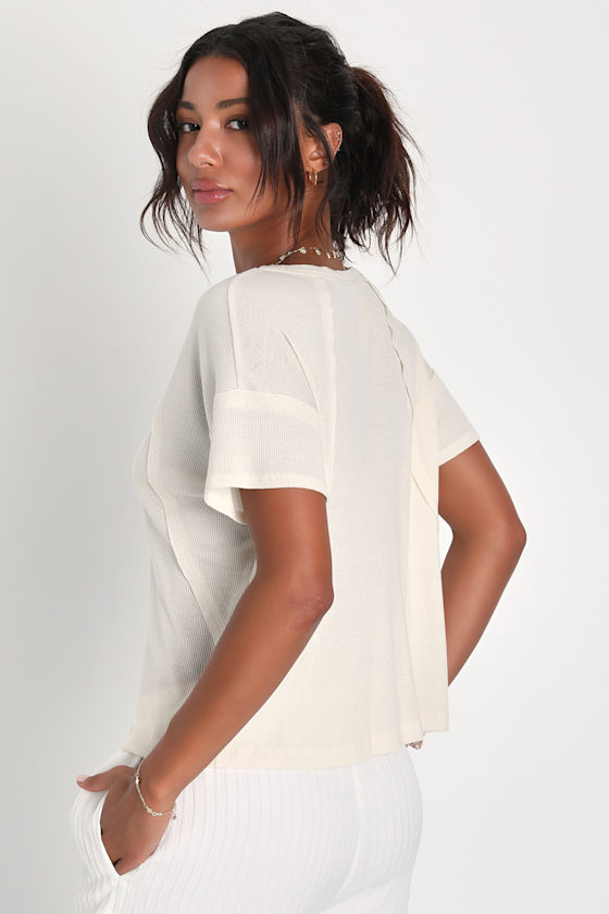 Daily Outing Cream Ribbed Short Sleeve Tee - thumbnail 4