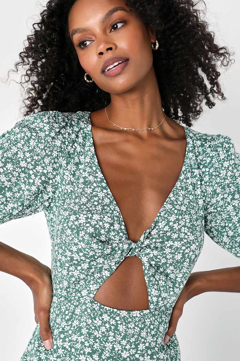 Sage Green Midi Dress - Floral Midi Dress - Twist-Front Dress - Lulus