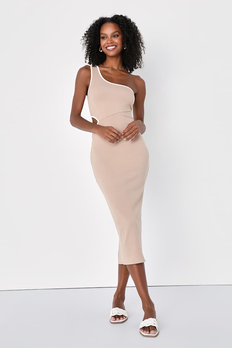Beige Ribbed Dress - One-Shoulder Dress - Bodycon Midi Dress