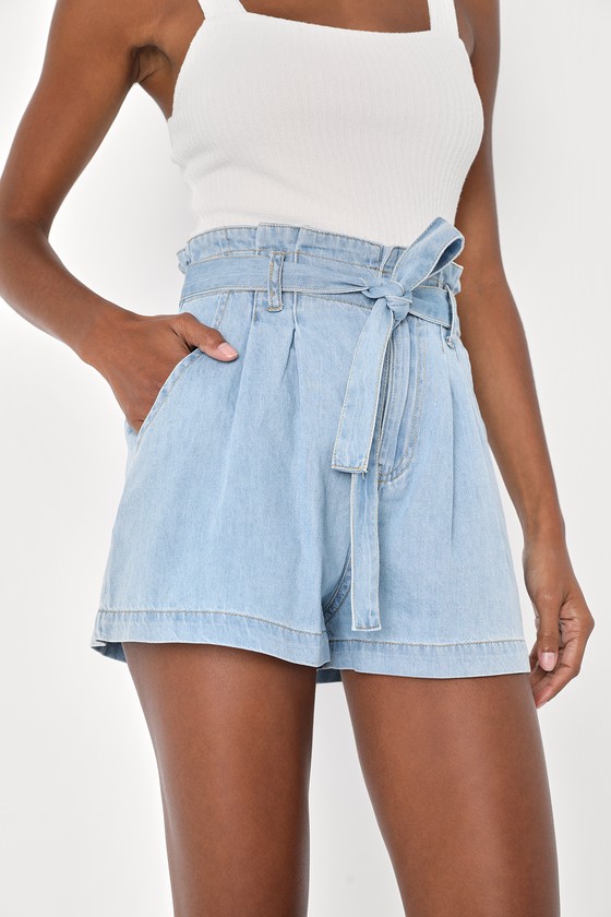 Belted paperbag denim shorts shop