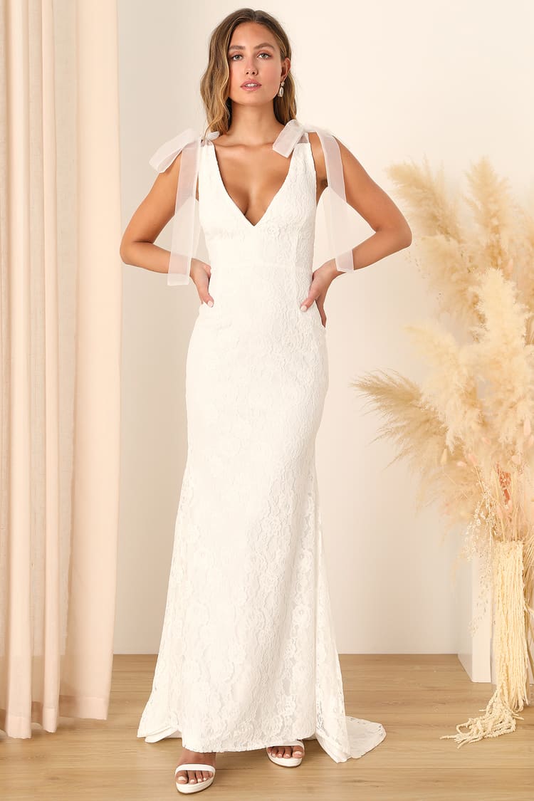 White Lace Bridal Gown - Mermaid Maxi Dress - V-Neck Lace Dress - Lulus