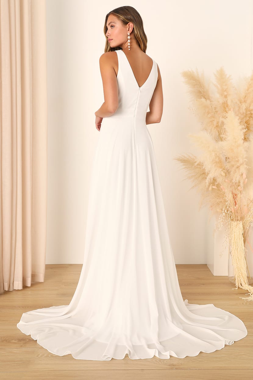 White Chiffon Maxi Dress - Plunge Maxi Dress - Sleeveless Dress