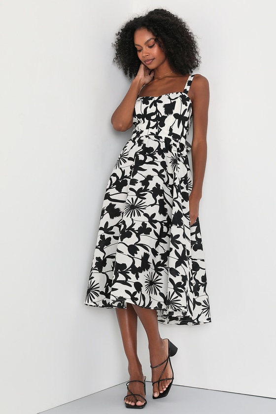 White Floral Print Dress - Tie-Back Dress - Linen-Like Midi Dress - Lulus