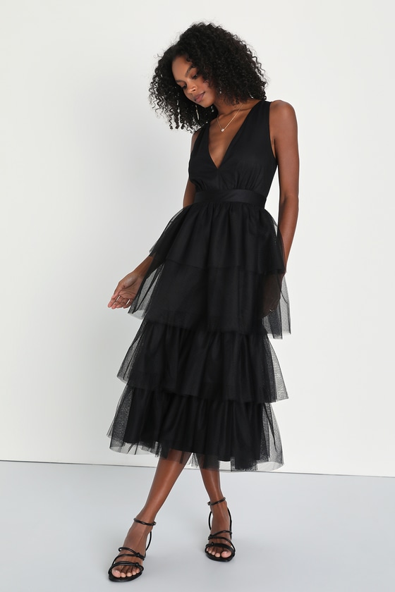 Lulus Dramatic Perfection Black Tulle Sleeveless Tiered Midi Dress