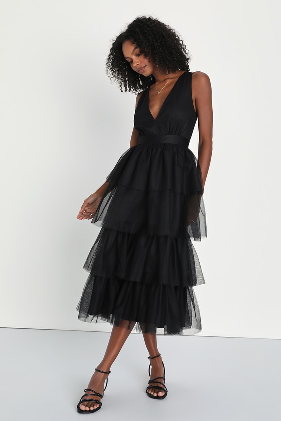 Dramatic Perfection Black Tulle Sleeveless Tiered Midi Dress