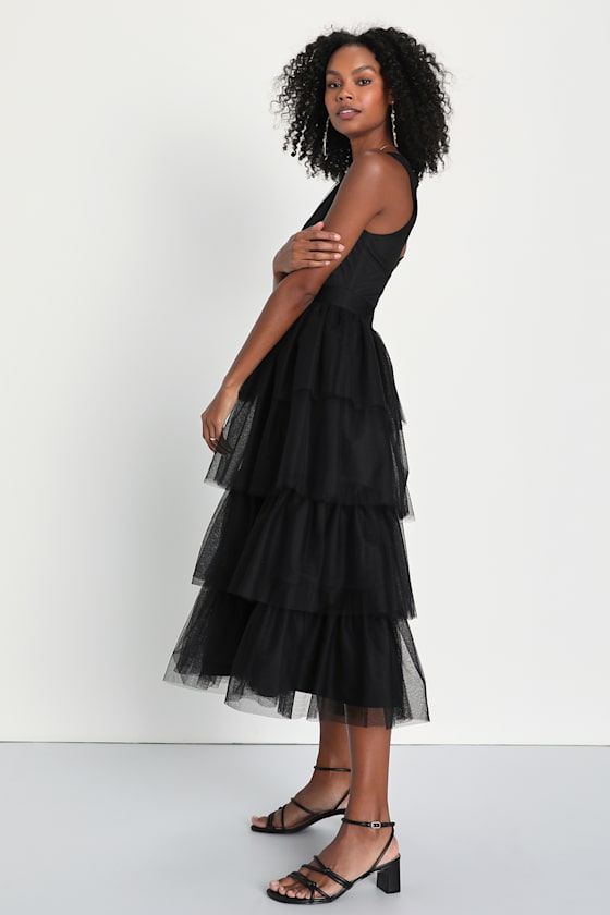 Black Tulle Dress - Black Tiered Dress - Tiered Midi Dress - Lulus