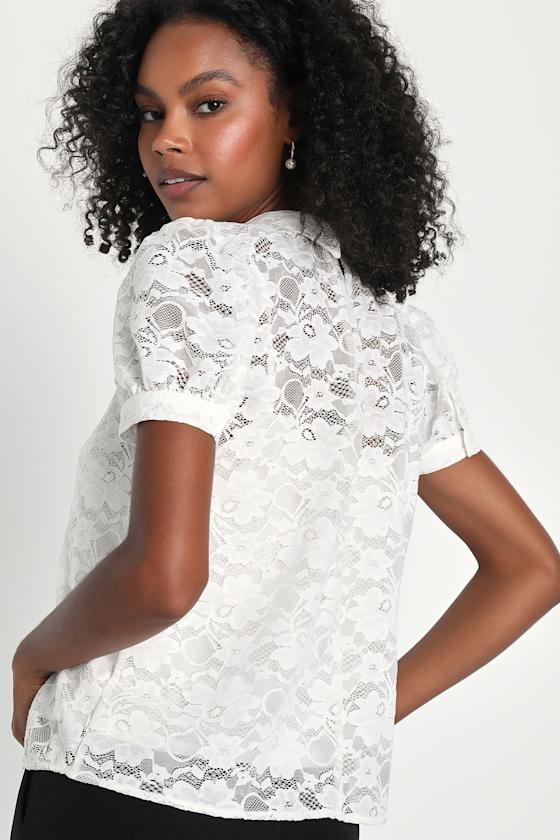 Ivory Lace Short Sleeve Top - Bow Collar Top - Bow Top - Lulus