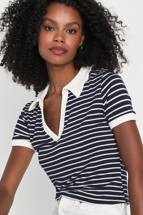 Navy Blue and White Striped Top - Collared Top - Short Sleeve Top - Lulus