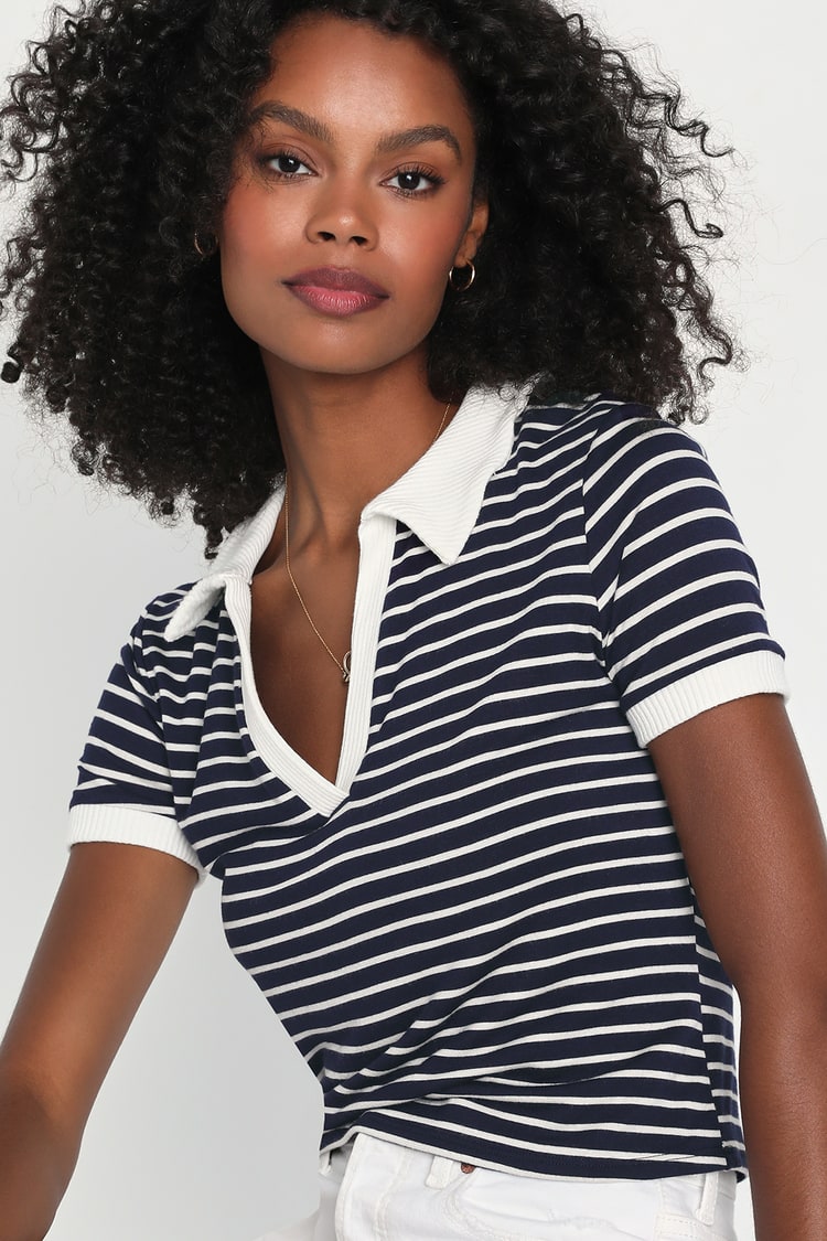womens white and navy striped shirt