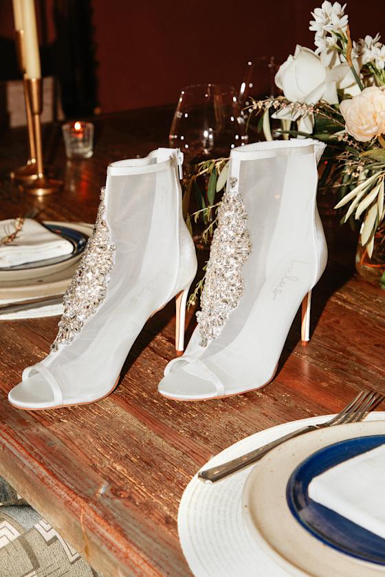 Hanakun White Satin Rhinestone Peep-Toe Booties 1