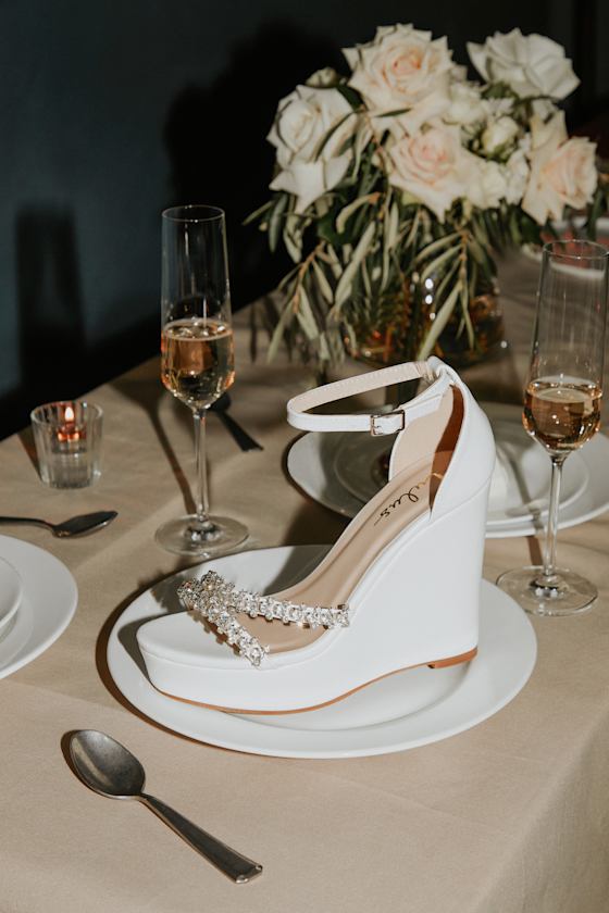 Adondes White Rhinestone Ankle Strap Wedge Sandals 1