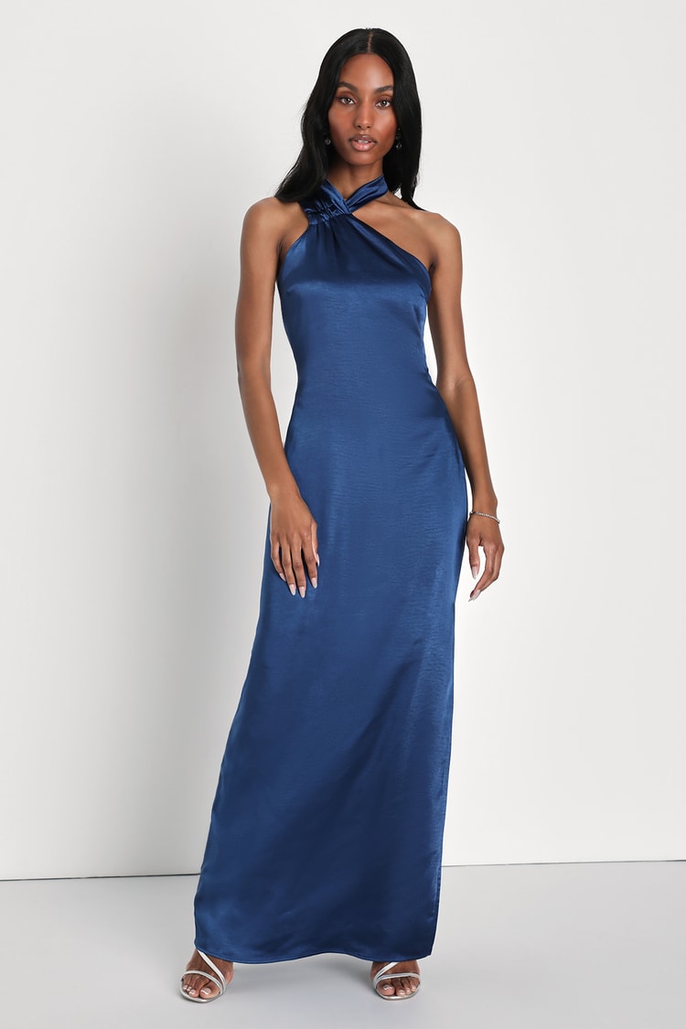 Beyond Stunning Navy Blue Satin Asymmetrical Halter Maxi Dress