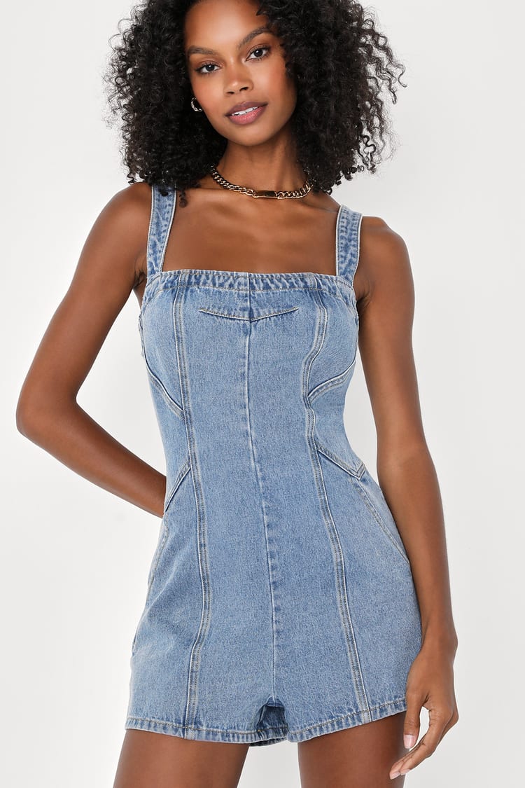 Trendy Attitude Medium Wash Backless Denim Romper