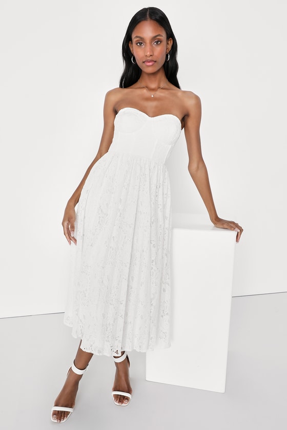 Lulus Exquisite Aura White Lace Strapless Bustier Midi Dress