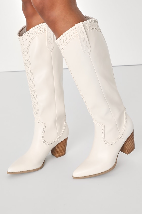 BILLINI FINLEY IVORY POINTED-TOE KNEE-HIGH HIGH HEEL BOOTS