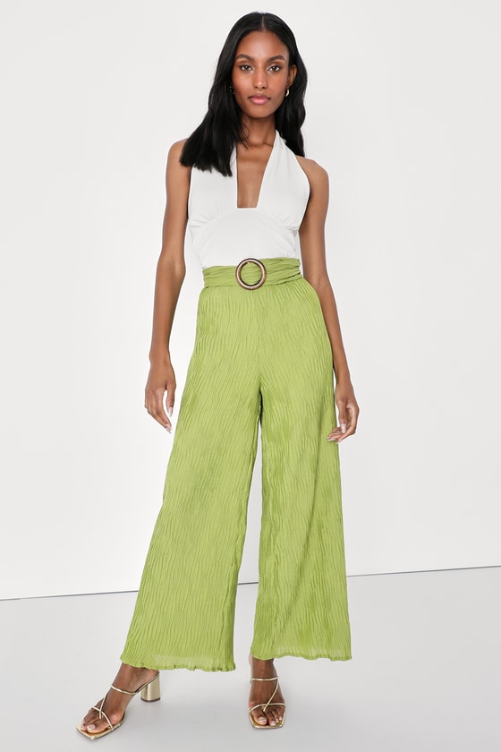 Lulus Getaway Essentials Lime Green Plisse Belted Wide Leg Pants
