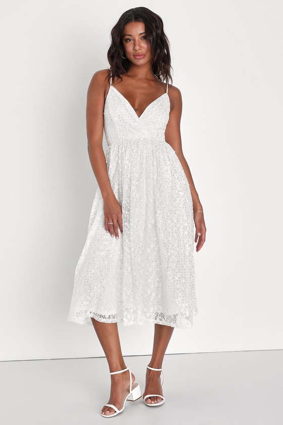 Lulus Dreamy Drama White Lace Sequin A-line Midi Dress