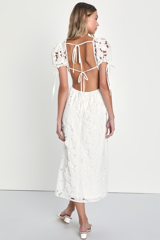 White 3D Floral Dress - Backless Midi Dress - Embroidered