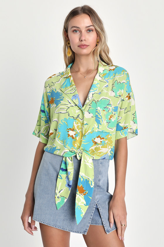 Lulus Energetic Trend Lime Green Floral Print Tie-front Top