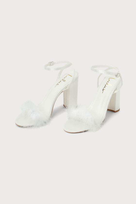 Fuller White Satin Feather Ankle Strap High Heel Sandals 2