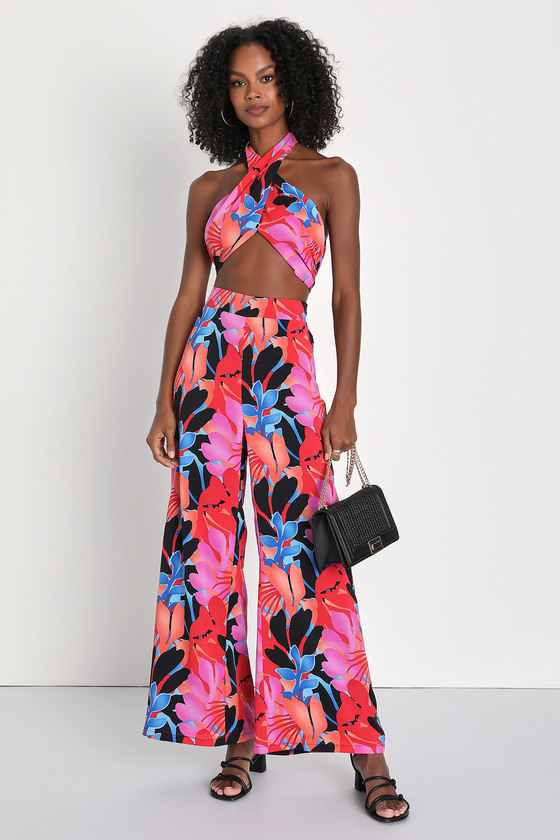 Colorful Abstract Floral-Print Wide-Leg Pants With Pleated Cuffs, Lalipop  Design