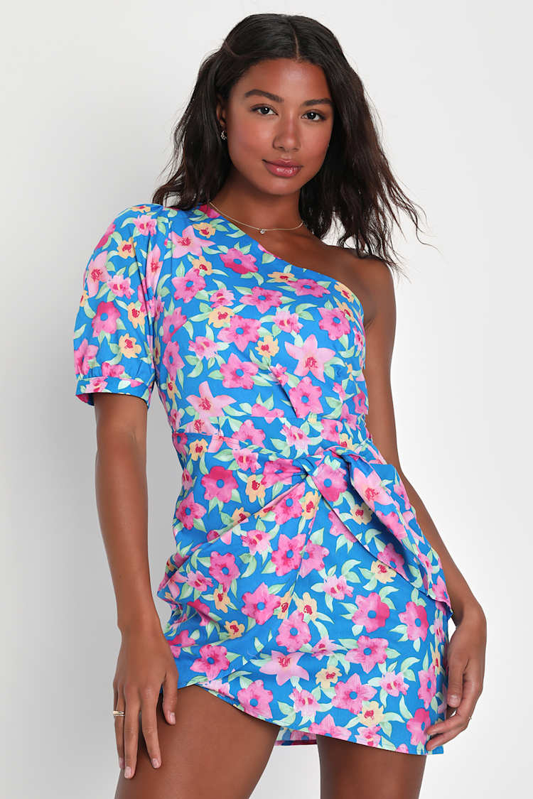 idol pink and blue tattoo print dress Blue Floral Mini Dress - One Shoulder Dress