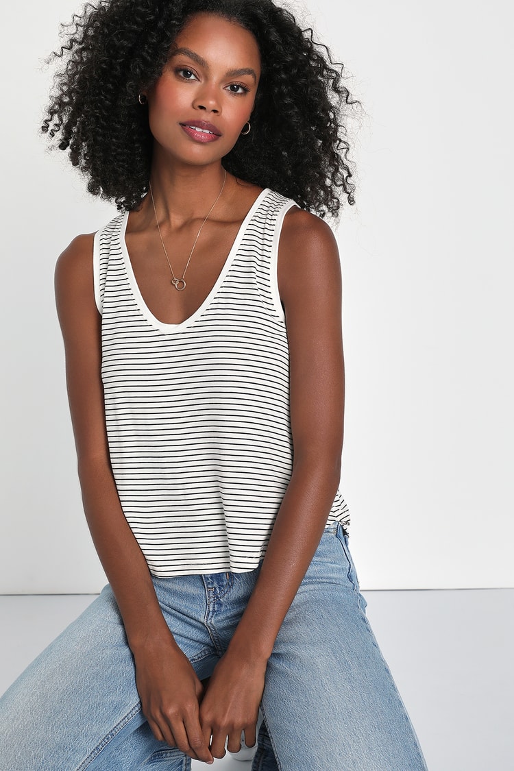 Casual Ease White and Black Striped Tank Top