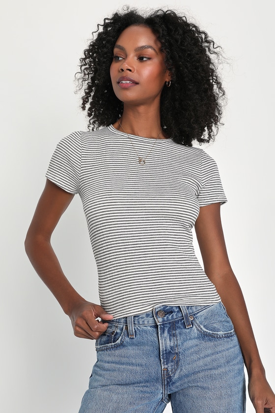 Classic Aesthetic Black and White Striped Ribbed Tee