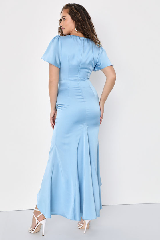 Eternal Bond Light Blue Satin Ruffled Flutter Sleeve Maxi Dress 1