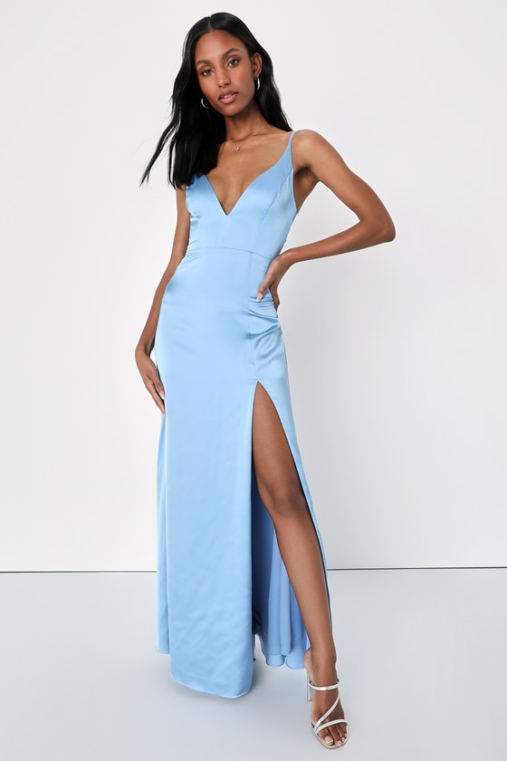 Moments of Elegance Light Blue Satin Sleeveless Lace Maxi Dress
