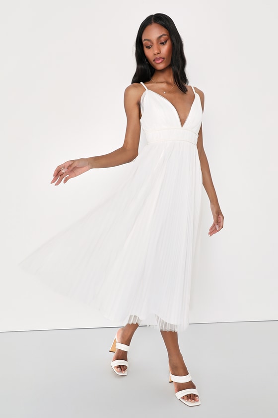 Lulus Sweet Goddess White Mesh Pleated Sleeveless Midi Dress