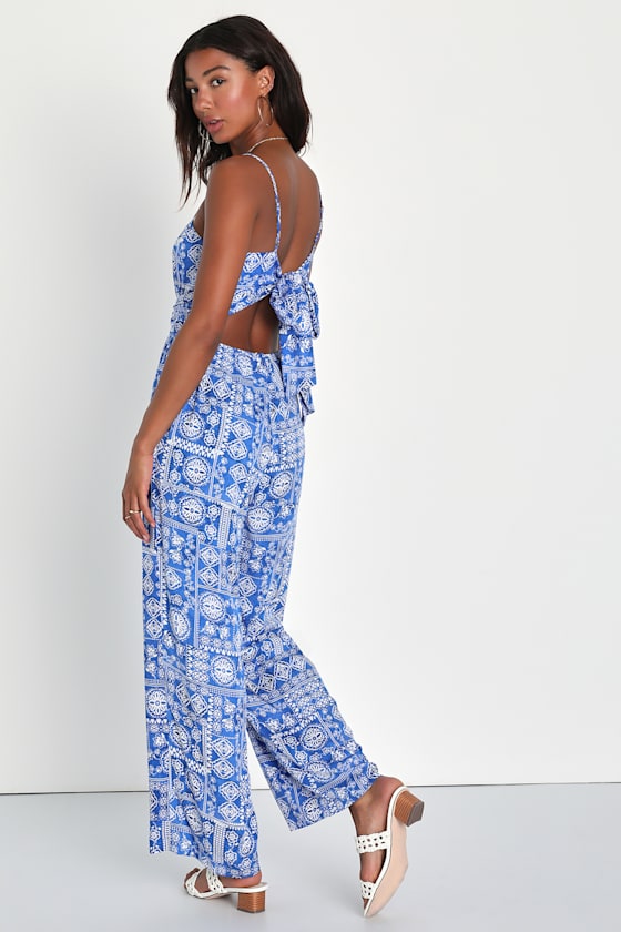 Blue Boho Print Jumpsuit TieBack Jumpsuit Wide Leg Jumpsuit Lulus