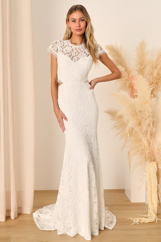 Lulus Devoted To Bliss White Lace Cap Sleeve Cutout Trumpet Maxi Dress