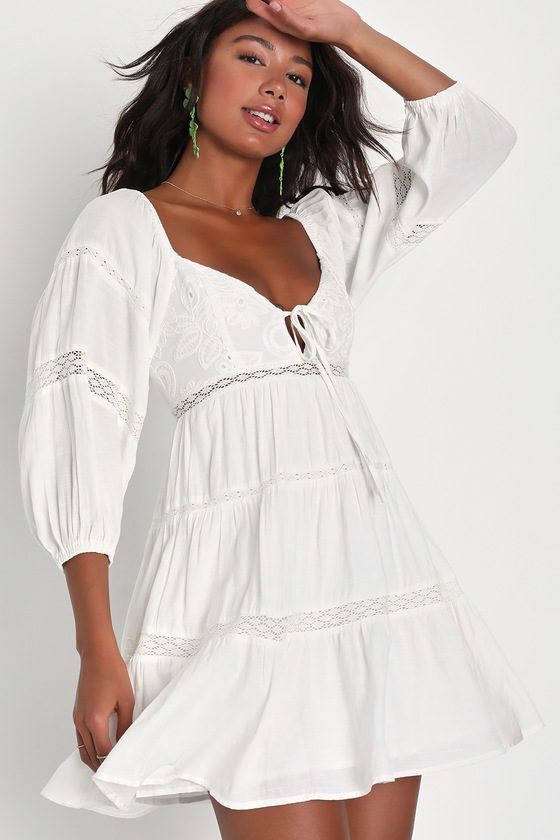 Whimsical Desires White Embroidered Tiered Mini Dress