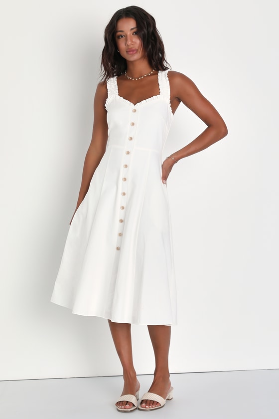 Lulus Italian Romance White Ruffled A-line Midi Dress With Pockets