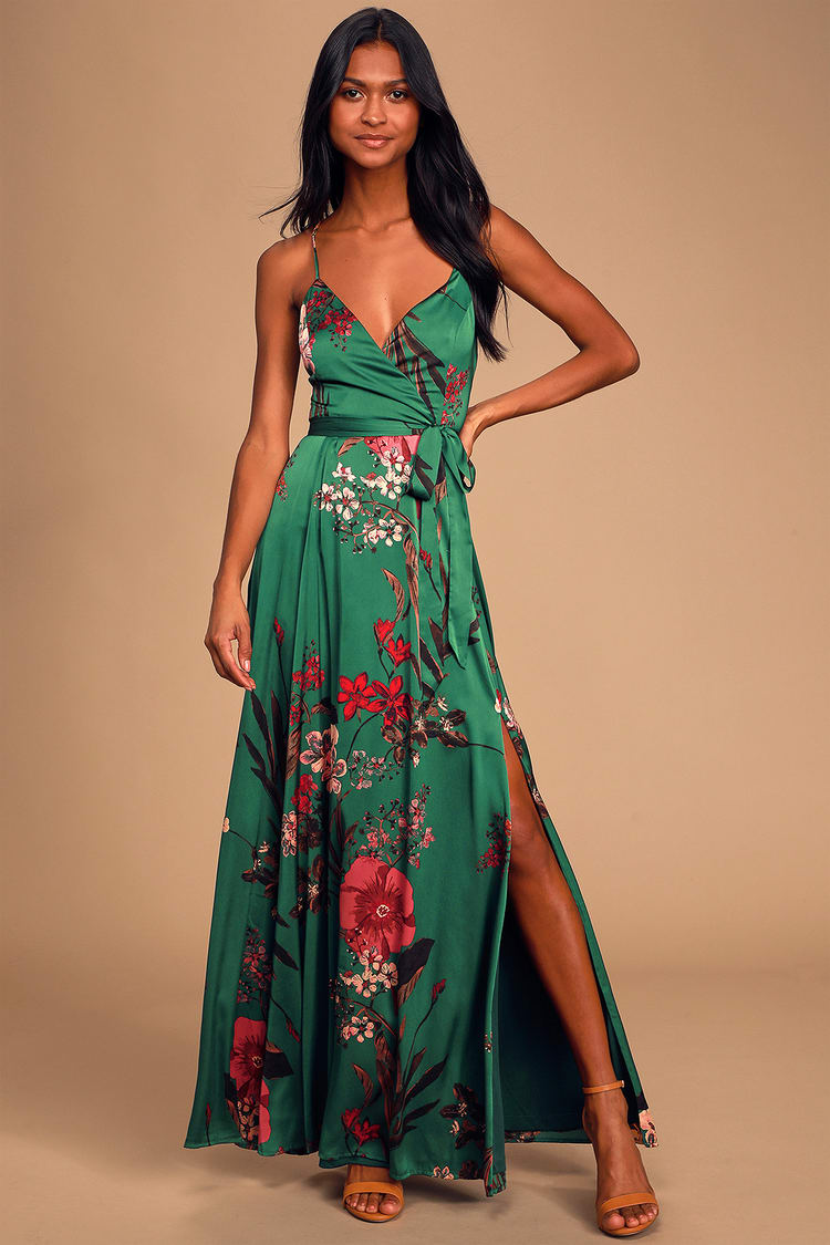 Green Dress - Print Dress - Surplice Maxi Dress -