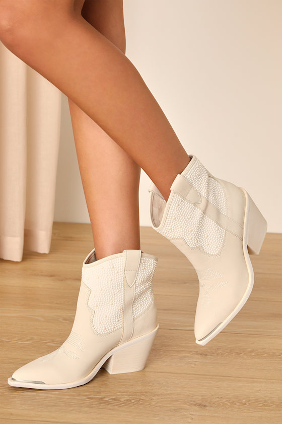 Nashe Off-White Nubuck Leather Pearl Western Ankle Boots 6